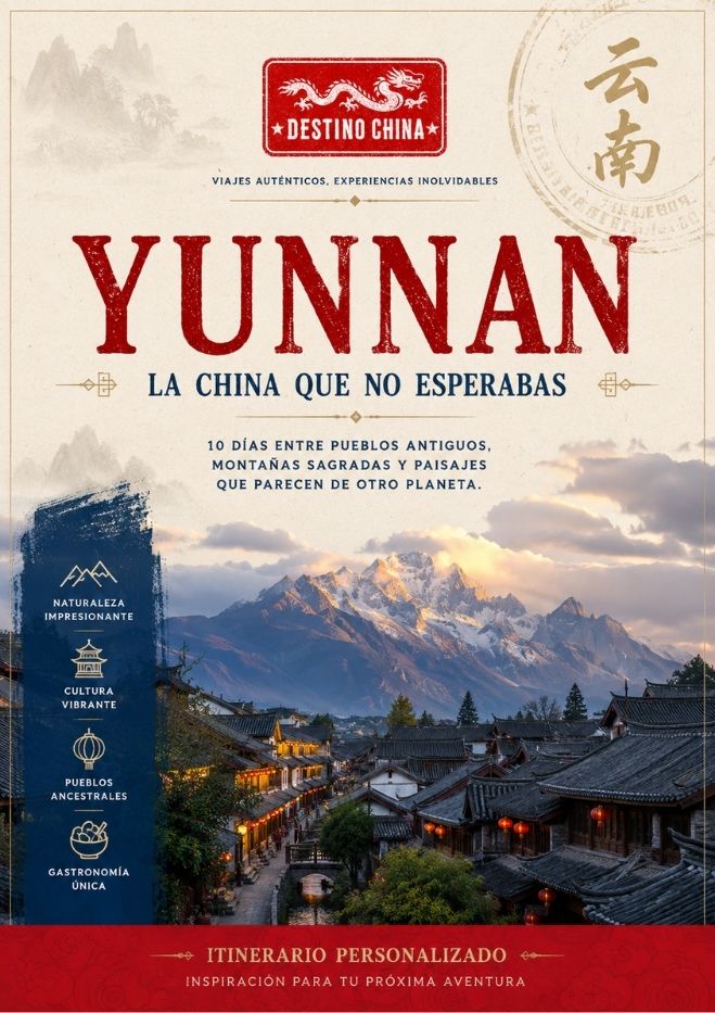 itinerario de viaje a ciudad de Yunnan con fondo de paisaje de ciudad y cielo